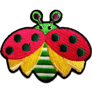 May include: A red and yellow ladybug with green stripes and black spots. The ladybug has green antennas with purple tips.