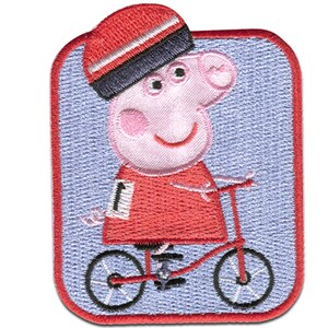May include: Embroidered patch featuring a cartoon pig riding a red bicycle. The pig is wearing a red cycling jersey with the number 1, and a red and black striped hat. The patch has a light blue background and a red border.