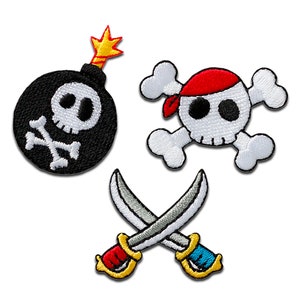 Piraten Trio 3 Stück - Aufnäher, Bügelbild, Aufbügler, Größe - 3,6 x 3,4 cm