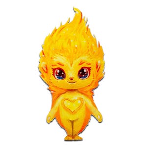 Può includere: Illustrazione di un cartone animato di una creatura gialla con capelli a forma di fiamma e un petto a forma di cuore. La creatura ha grandi occhi blu con accenti rossi e piccole orecchie. Il design generale è luminoso e stravagante.
