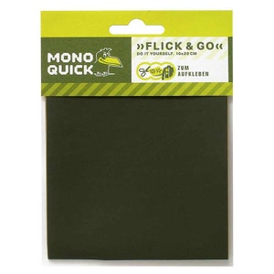 Può includere: Un foglio autoadesivo verde per progetti di artigianato. Il foglio è confezionato in un involucro giallo e verde con il testo "Flick & Go" e "Do it yourself. 10x20 cm" stampato su di esso.