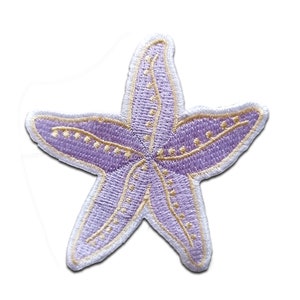 May include: A purple embroidered starfish with a white outline and yellow stitching. The starfish is a popular nautical theme for crafts and home decor.