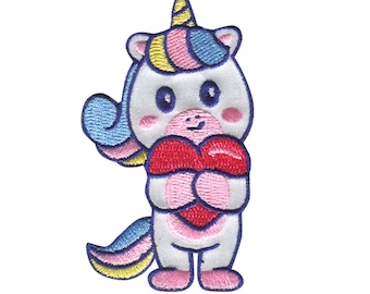 Einhorn mit Herz - Aufnäher, Bügelbild, Aufbügler, Größe - 4,7 x 8 cm
