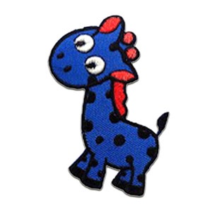 May include: A blue giraffe patch with black spots and red accents. The giraffe has large white eyes and is standing on two legs. The patch is likely for clothing or accessories.
