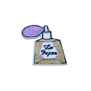 Aufnäher / Bügelbild - Parfümzerstäuber Duft mit Pailletten – gold/pink – 9,8x9,3cm - Patch