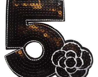 Aufnäher Fünf 5 mit Pailletten schwarz 10,5x10cm Patch