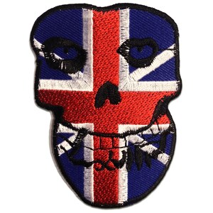 Iron on patches - UK Skull Biker skeleton red/blue 6.5x8.5 Application badges