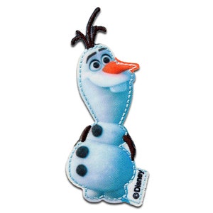 Può includere: Toppa in tessuto con Olaf di Frozen della Disney. La toppa è azzurra con Olaf sorridente, un naso arancione e capelli neri. La toppa ha un bordo bianco con cuciture e il logo Disney.