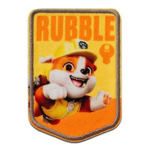 Op de afbeelding: Geborduurde patch met Rubble van Paw Patrol. De patch heeft een gele en oranje achtergrond met het woord "RUBBLE" in grote, vette letters. Rubble, een cartoon bulldog, wordt lachend afgebeeld en draagt een gele bouwhelm.