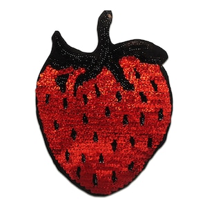 May include: A red and black sequined strawberry patch. The strawberry is made of red sequins with a black outline. The patch is ideal for adding a touch of whimsy to clothing, bags, or other crafts.