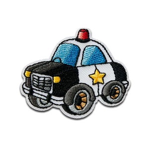 May include: Embroidered iron-on patch of a cartoon police car with a red light on top, a yellow star on the side, and black and white paint.