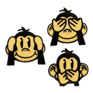 May include: Three embroidered patches depicting cartoon monkeys in the 'see no evil, hear no evil, speak no evil' pose. Each patch has a yellow face, black hair, and black hands covering the eyes, ears, and mouth.