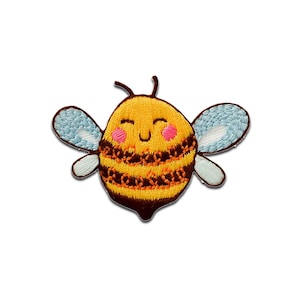 May include: Embroidered iron-on patch of a smiling cartoon bee with yellow and brown stripes and blue wings.