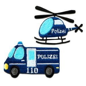 Aufnäher / Bügelbild - Polizei Auto Hubschrauber - blau - verschiedene Größen - Patches Aufbügeln