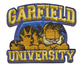 Garfield University Comic Cat Embroidered - Iron On Patches Adhesive Emblem Stickers Appliques, Size - 6,6 x 5,5 cm