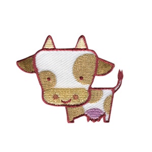 Può includere: Toppa ricamata da stirare con una mucca di cartone animato con macchie marroni e una mammella rosa. La mucca è bianca con macchie marroni e ha un contorno rosso.