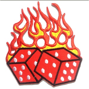 Iron on patches - dice with flames - red - 7.5x8.7 Application Embroided badges