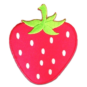 May include: A red strawberry patch with white seeds and green leaves. The patch is embroidered with a textured appearance, perfect for adding to clothing or accessories. The strawberry design is a classic and cheerful motif.