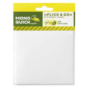 May include: A package with a white interior and a yellow and green top. The top has the text "MONO QUICK" with a cartoon bird logo, and "FLICK & GO" with "DO IT YOURSELF. 10x20 CM" and "ZUM AUFKLEBEN".