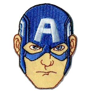 Peut inclure: Patch brodé représentant un dessin animé du visage de Captain America. Le patch est bleu, blanc et rouge avec un design détaillé du visage de Captain America, y compris son casque et son masque emblématiques.