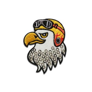 Könnte beinhalten: Ein weißer Adler, der einen gelben Helm mit Flammen und schwarzen Schutzbrillen trägt. Der Kopf des Adlers ist mit silbernen Pailletten bedeckt.