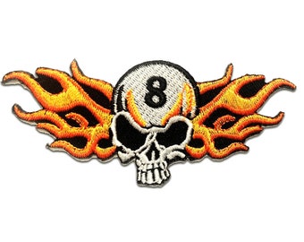 Iron on patches - Skull with flames Biker - black - 8.5x4.5 Application badges