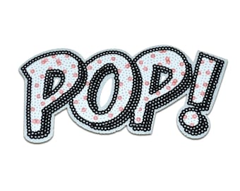 Iron on patches - XL POP! comic children with sequins – white – 20,2x9cm - Application