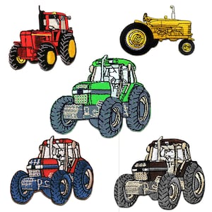 May include: Five embroidered iron-on patches of different colored tractors. The tractors are red, yellow, green, red, and brown.