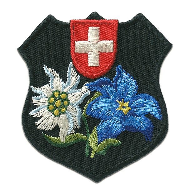 Iron on patches - Trachten Swiss coat of arms flower – black – 5,2x5,5cm - Application