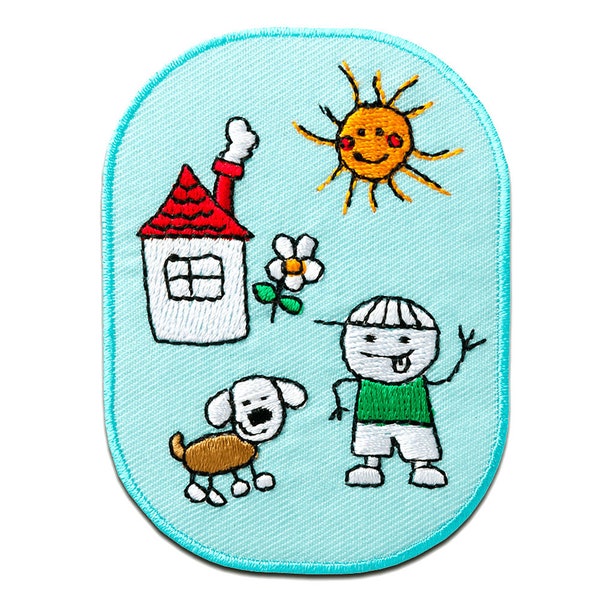 Iron on patches - children Flicken with House - light Blue - 7,9x5,8cm - Application Embroided badges