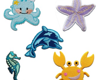Iron on patches for clothing kids - Beach marine animals set 5 pieces
