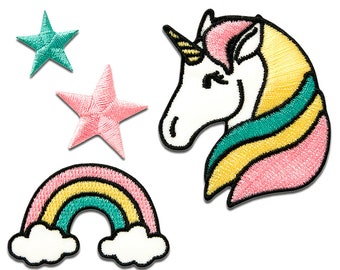 May include: Embroidered patches featuring a unicorn head, a rainbow, and two stars. The unicorn has a white face, pink mane, and a yellow horn. The rainbow is pink, yellow, and teal. The stars are pink and teal.