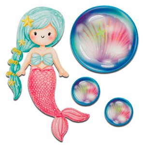 May include: A colourful illustration featuring a mermaid with turquoise hair and a pink tail, decorated with starfish. Beside the mermaid are three bubble-shaped designs, each with a seashell and vibrant colours. The image has a fantasy, ocean-themed design.