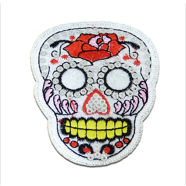 Iron on patches - skull Rose with sequins – white/red - 7,5x5,9cm - Application