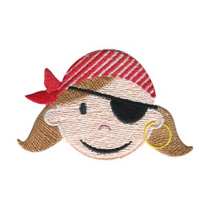 Può includere: Toppa ricamata da stirare con un pirata dei cartoni animati sorridente con i capelli castani, una bandana a righe rosse e bianche e una benda sull'occhio.