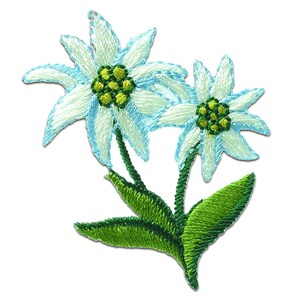 Può includere: Toppa ricamata con due fiori di edelweiss bianchi con bordi azzurri e centri verdi. I fiori sono su steli verdi con foglie verdi. Adatto per abbigliamento o accessori.