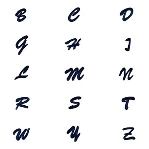 May include: A black and white image of the alphabet in a handwritten font. Each letter is displayed individually in a grid format.