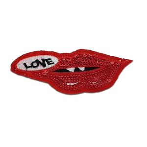 Iron on patches - mouth lips Love with sequins – red – 8,8x3,6cm - Application