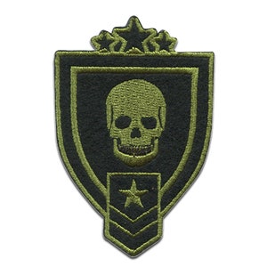 Op de afbeelding: Groen geborduurd patch met een schedel en sterren in een schildvorm.