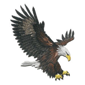Könnte beinhalten: Gestickter Aufnäher eines Weißkopfseeadlers im Flug. Der Adler hat braune und schwarze Federn, einen weißen Kopf und einen gelben Schnabel und Krallen. Die Flügel sind auf weißem Hintergrund ausgebreitet.