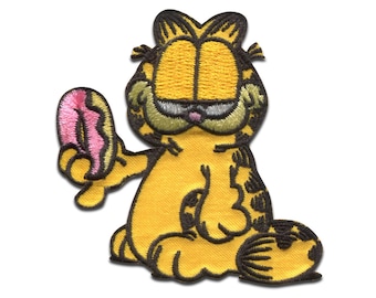 Garfield Donut Comic Cat Embroidered - Iron On Patches Adhesive Emblem Stickers Appliques, Size - 5,7 x 4,4 cm