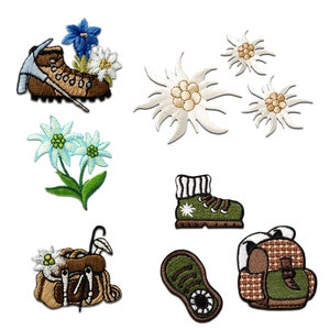 Peut inclure: Un ensemble de patchs brodés thermocollants représentant des motifs alpins, notamment des fleurs d'edelweiss, des chaussures de randonnée et un sac à dos. Les patchs sont parfaits pour ajouter une touche de nature aux vêtements, aux sacs ou à d'autres articles en tissu.