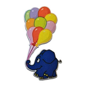 May include: A blue elephant patch with a bunch of colourful balloons. The balloons are in shades of orange, yellow, pink, green, and purple. The patch is made of fabric and has a stitched border.