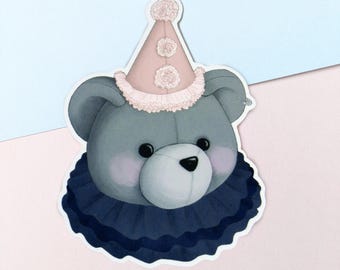 Birthday Bear Glossy Sticker | Cute Clown Party Teddy