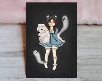 Ghost story - Mini print 5x7 - Creepy cute girl egl bunny plush