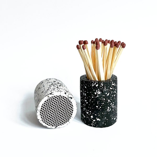 Black Terrazzo Matchstick Holder With Strike Patch / Safety Matches / Long Matches / Match Pot / Modern Design / Housewarming Gift