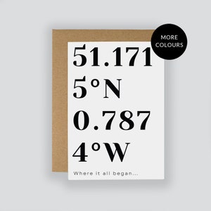 May include: A white card with black text that reads "51.171 5°N 0.787 4°W Where it all began..." and a black circle with white text that reads "MORE COLOURS".