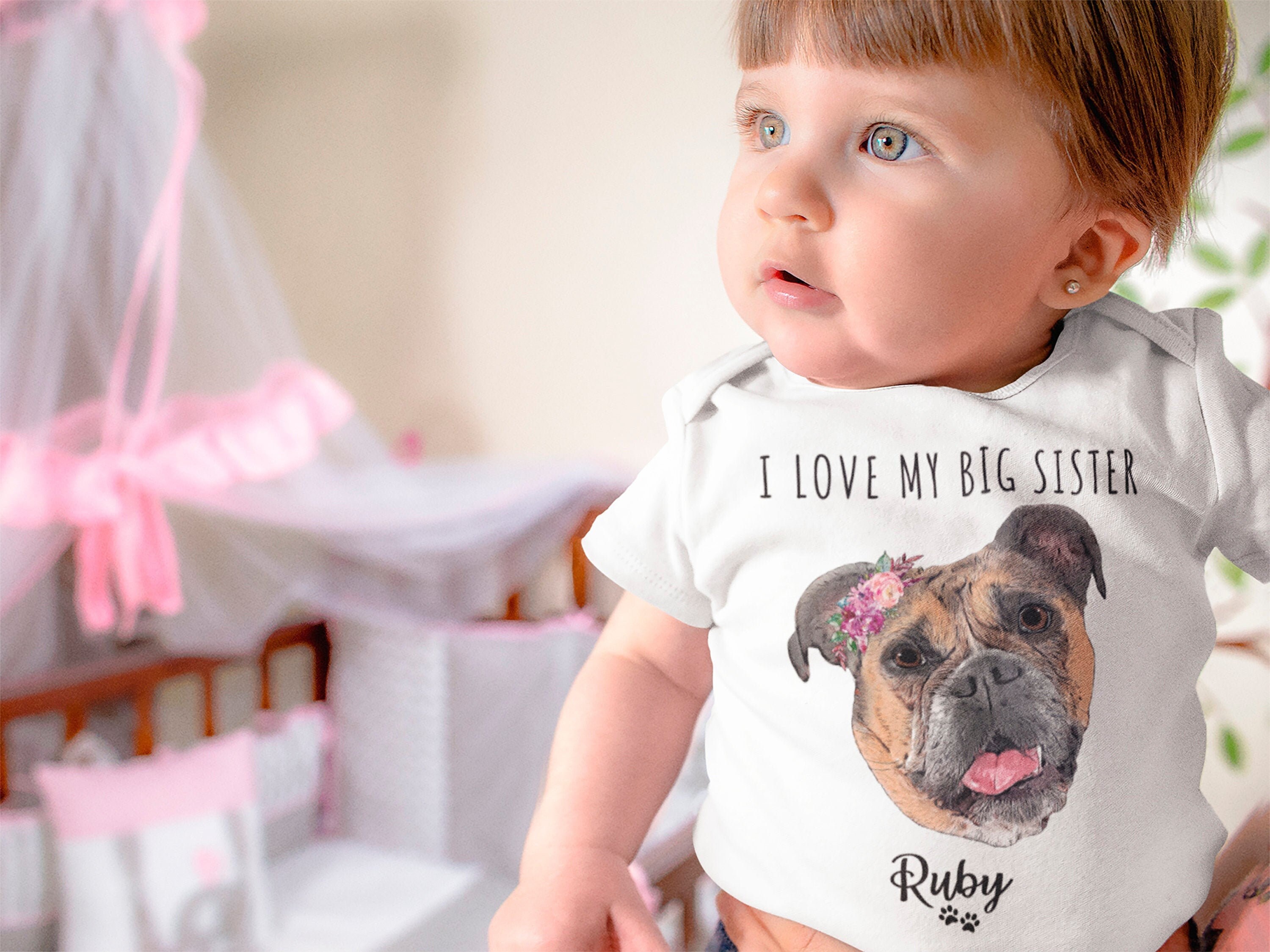 Custom Dog Baby Infant Bodysuit Onesie, Pet Drawing Bodysuit, Dog Photo Bodysuit, Big Brother Onesie, Big Sister Onesie, gift for Mums Dads