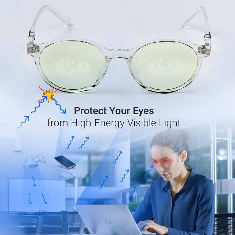 May include: Clear blue light blocking glasses with yellow lenses. The glasses are shown in front of a person working on a laptop. Text on the image reads "Protect Your Eyes from High-Energy Visible Light".