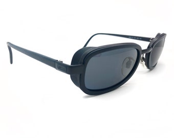 Vintage Lozza Sunglasses: Black Gothic Metal Frame, Blue Lens - 1980s Italy